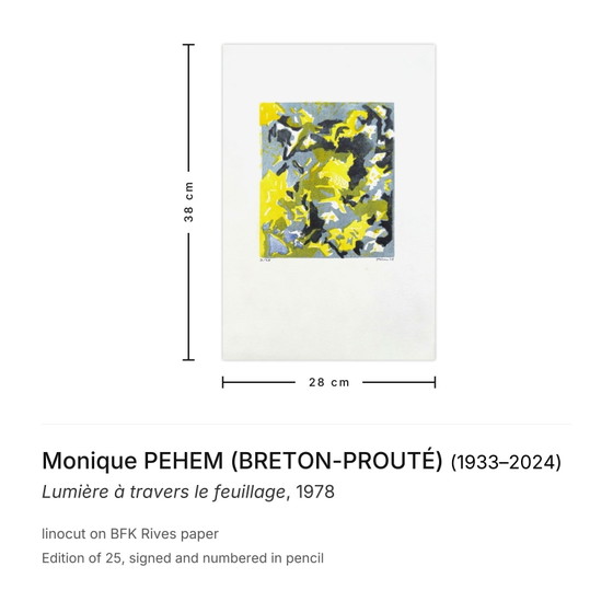 Monique PEHEM (BRETON-PROUTÉ) Signed Linocut Light Through the Foliage 1978 – Lithographs & prints, Paper (photo 3 of 5)