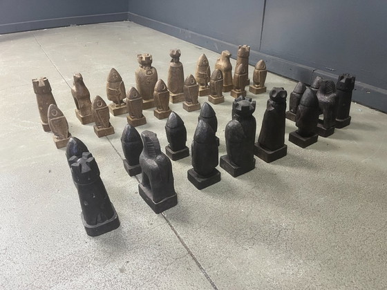Image 1 of Großes, handgefertigtes Schachfigurenset aus Holz, 1960er Jahre