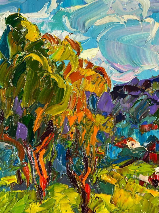 Image 1 of Original Oil Painting Nature Landscape A Village at the Foot of the Mountains