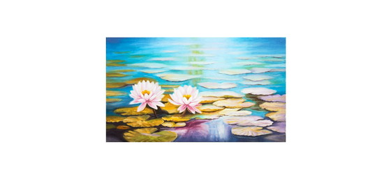 Image 1 of Cuadro de nenúfares pintado al óleo firmado por el autor. Nenúfares al óleo sobre lienzo. Flores acuáticas pintadas a mano.