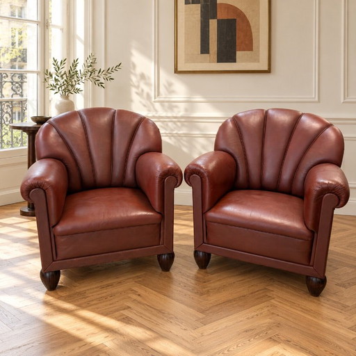 Paire de Fauteuils Club Art Déco Originaux en Cuir Coquille – Marron Châtaigne, Années 1930 avec Ressorts et Pieds en Bois