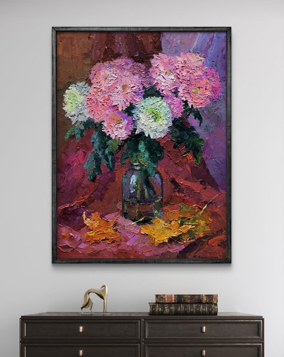 Original Oil Painting Autumn Floral Still Life Bouquet of Chrysanthemums – Paintings & Drawings, Canvas (photo 3 of 7)