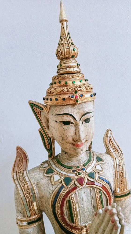 Image 1 of Beelden Set 2 knielende Tepannom tempel poortwachters aardetinten met goud handmatig gesneden 