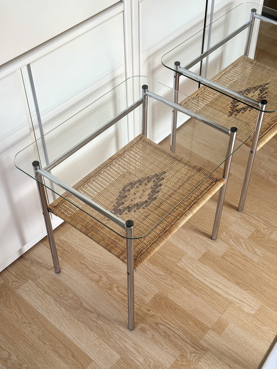 Image 1 of Set of vintage side tables/side tables with chrome, wicker and glass - 1970s