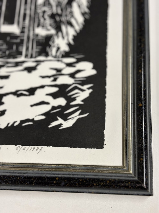 Image 1 of Signierter Holzschnitt/Linolschnitt von Armand Dumoulin – „Winterliche Kirchenszene“ (1987)

