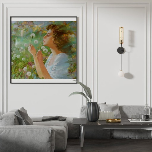 Original Oil Painting Abstract Figurative Girl Meadow Dandelions – schilderijen tekeningen, Canvas (photo 2 of 12)
