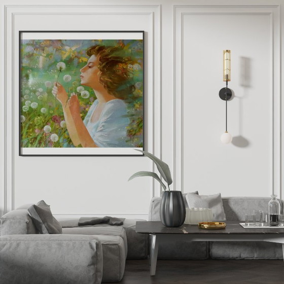 Original Oil Painting Abstract Figurative Girl Meadow Dandelions – Paintings & Drawings, Canvas (photo 2 of 12)