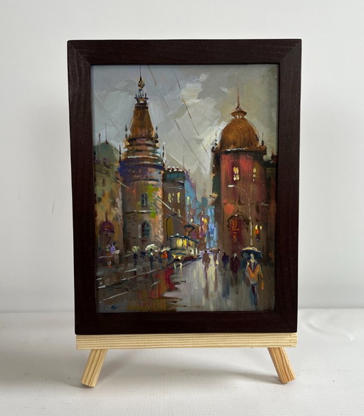 Original Oil Painting Gloomy City Landscape Dynamics of urban life
