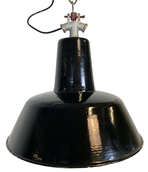 Lampada a sospensione industriale vintage in smalto nero, anni '30