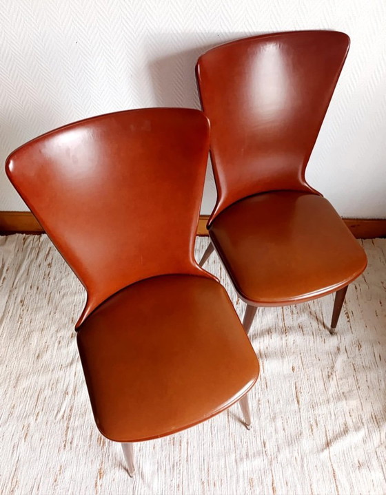Image 1 of 2x vintage faux leather chairs with compass legs