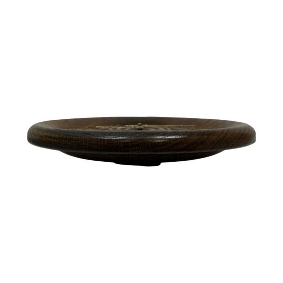 Image 1 of Vintage round oak wall clock carved turned wood retro Germany 1980s.