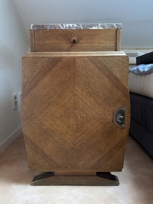 Origineel Houten Art Deco Nachtkastje Voorzien Van Marmeren Blad