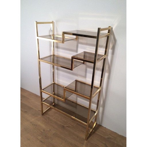 Vintage shelf in gilded chrome and glass, France 1970