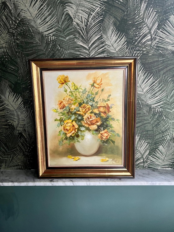 Signiertes Ölgemälde aus der Mitte des Jahrhunderts mit gelben Rosen. Ein Gemälde aus den 1950er-1960er (photo 2 of 6)