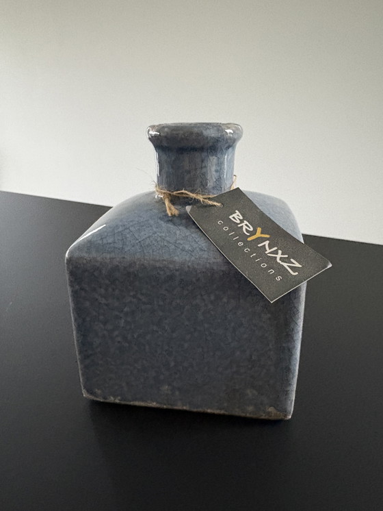 Image 1 of Decorative block vase in rough, blue crackle glaze, brand Brynxz