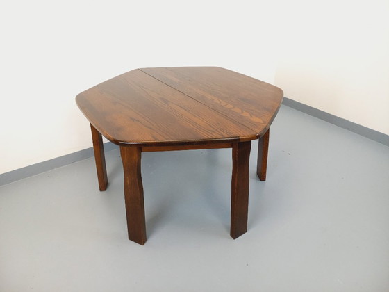Image 1 of Vintage brutalist hexagonal oak dining table from the 1950s with extension