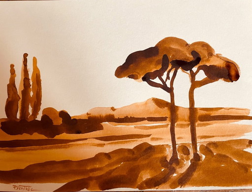 Aquarelle monochrome signée couleur tabac « pins parasols sur le mont Ventoux »