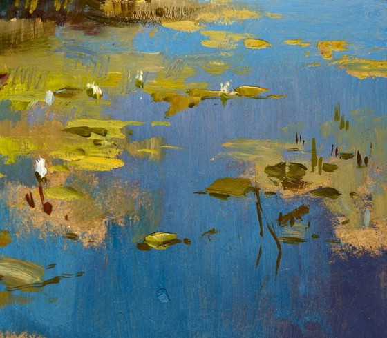 Image 1 of Original Oil Painting River Coastal Landscape A boat among the reeds