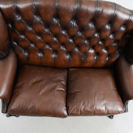 Image 1 of Late 20th Century English-Style Leather Sofa — Pearl Nail Trim & Loose Seat Cushions 