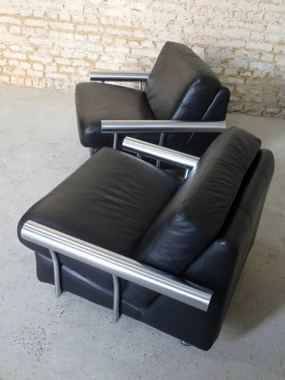 pair of armchairs, black leather & stainless steel, 1990 – Vintage (photo 13 of 14)