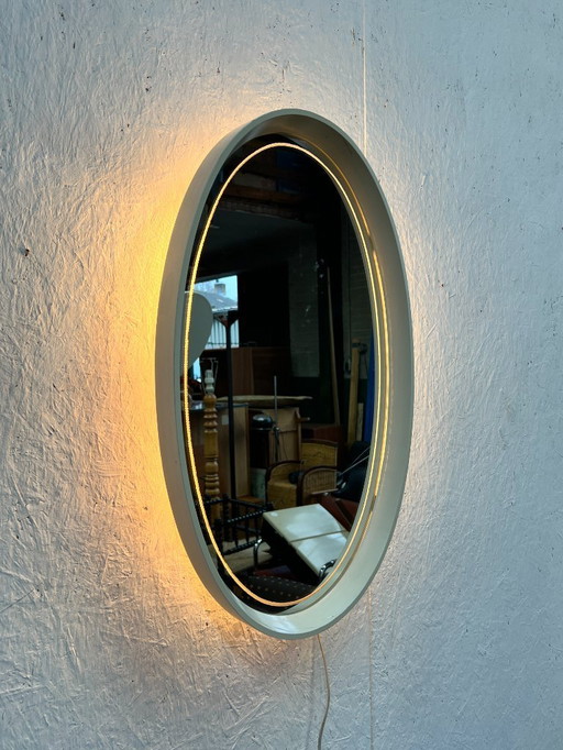 Vintage Ovale Spiegel Met Verlichting In Houten Lijst, Hillebrand Duitsland 1970,s