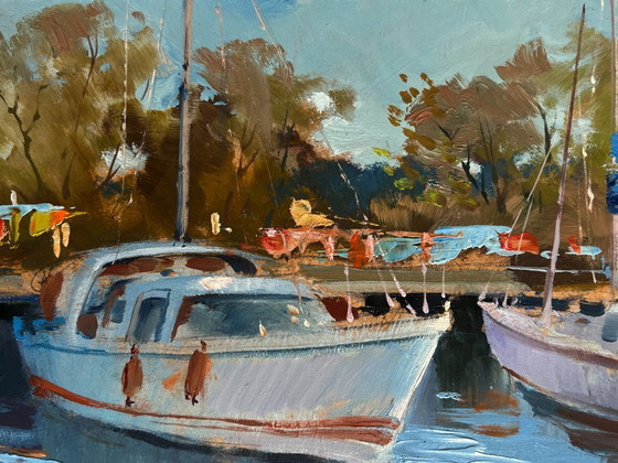 Image 1 of Original Oil Painting River Boats Landscape Summer Yacht Club
