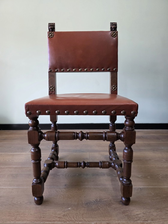 Image 1 of Set 4 vintage leren eetkamerstoelen eiken