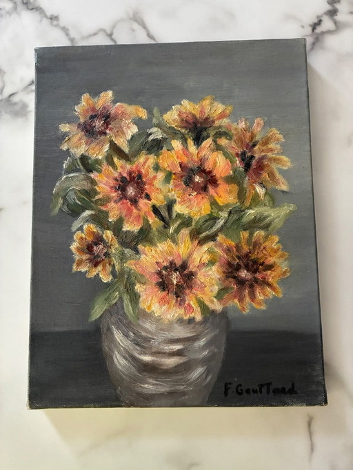 Antique oil painting on canvas, bouquet of flowers
