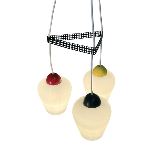 Image 1 of Vintage 50’s MCM Hanging pendant - Frosted / semi translucent white glass and multi color top - Attr. Louis Kalff / Phillips - s