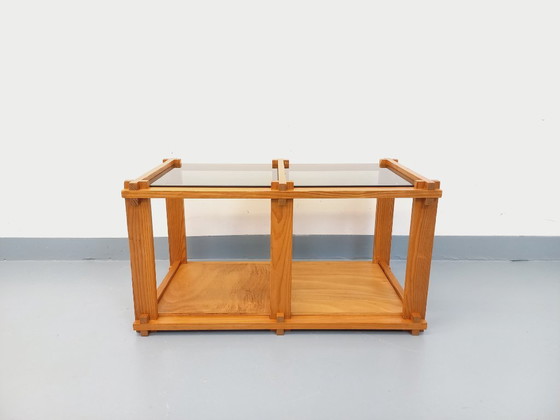Image 1 of Vintage rectangular coffee table in pine and smoked glass from the 70s and 80s