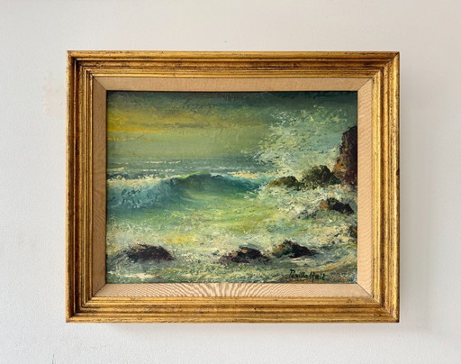 Vintage Seascape Oil Painting of Cornwall with Gold Frame 