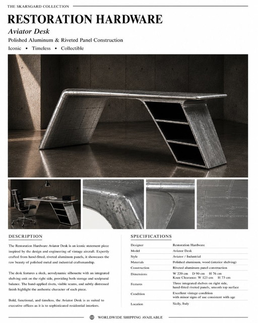 Restoration Hardware Aviator Desk, Polished Aluminum
