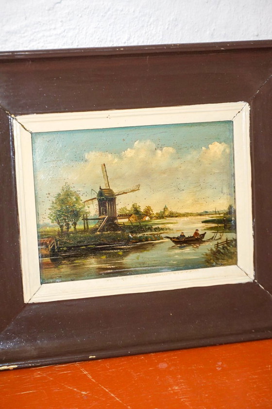 Image 1 of antique dutch windmill landscape oil painting * early 20th century * brown wooden frame * canal boat scene * farmhouse wall art