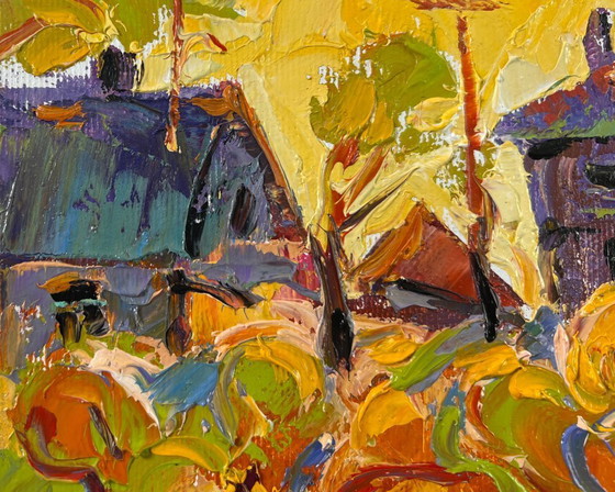 Image 1 of Original Oil Painting Sunset Village Landscape Autumn yellow sunset