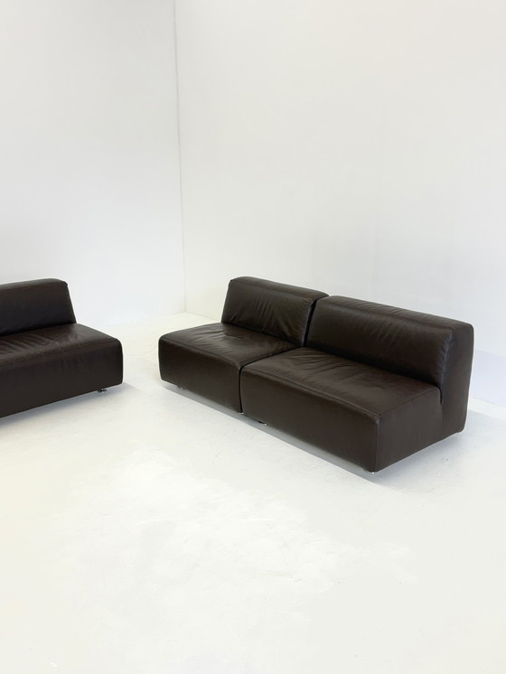 Image 1 of Set van 3 vintage space age modulaire leren sofa / fauteuils in donkerbruin