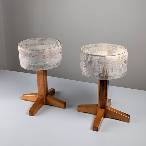 Pair of Scandinavian Modern Pine and Fabric Stools, 1980s – Textile, Wood (photo 5 of 9)