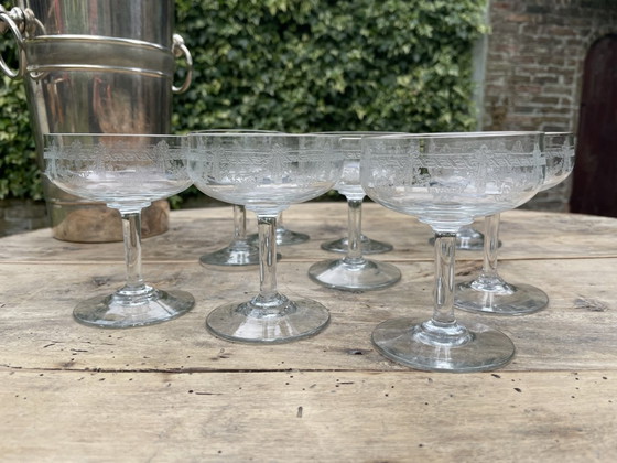 Image 1 of 9x Gravierte Champagne Coupes Champagnergläser 19. Jahrhundert Französisch