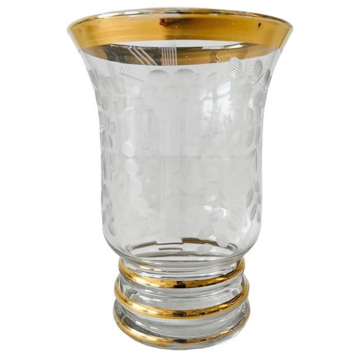 Jarrón de cristal grabado francés detalles dorados años 60