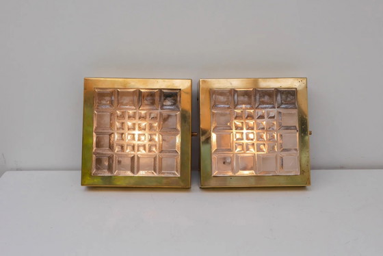 Image 1 of Schwedische brutalistische Wandlampen aus Glas und Messing von Falkenbergs Belysning, 2er-Set