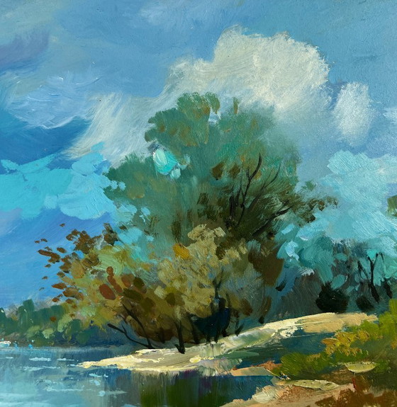 Image 1 of Pintura al óleo original Paisaje costero de verano Día de verano en la costa