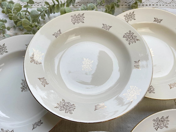 6 Vintage Digoin & Sarreguemines France 1950 Porseleinen Diepe Borden met Kleine Gouden Bloemen – Servies (photo 3 of 14)