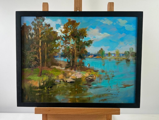 Pintura al óleo original: Paisaje costero de verano - El sol y la ribera del río.