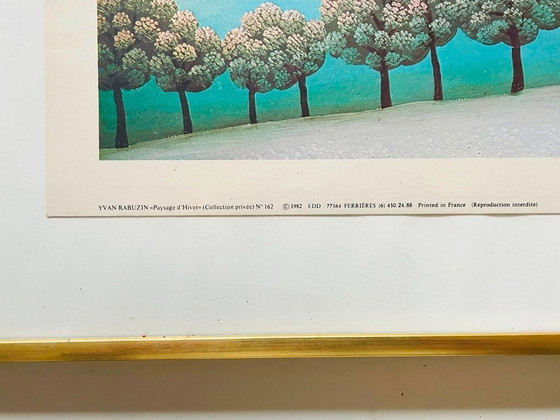 Image 1 of Stampa artistica di paesaggio naif di I. RABUZIN ~ Vintage anni '70