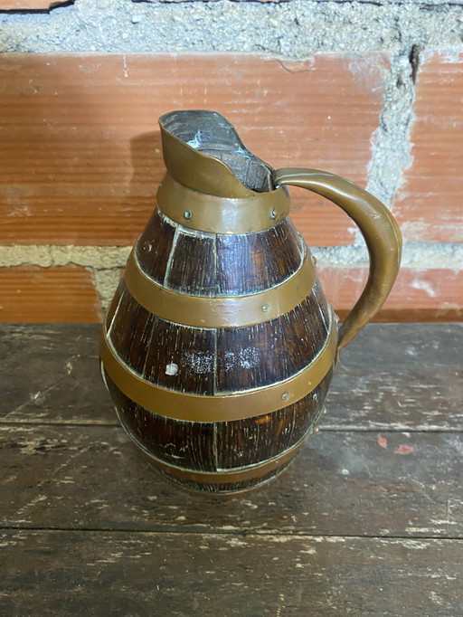 Pichet Ancien Tonneau Bois + Cerclage Cuivre Vintage #D379