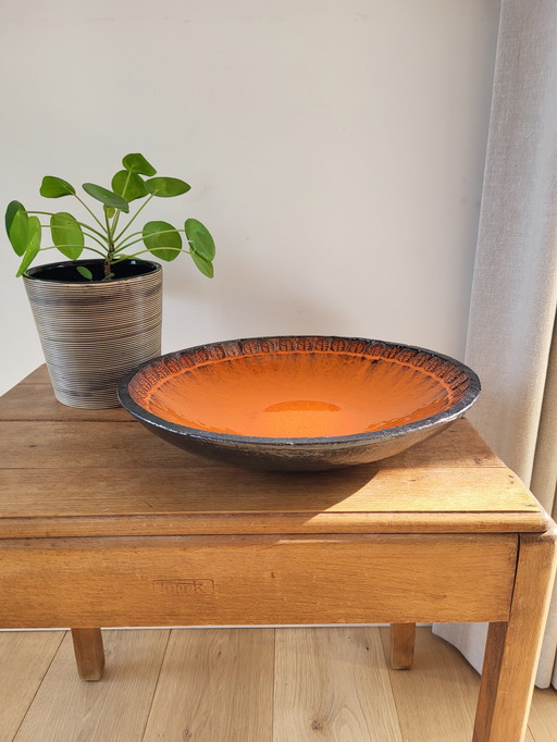 Fat lava bowl round ceramic, probably Jan Van Erp, orange and black glazed