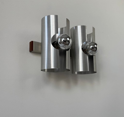 Applique vintage double métal brossé et palissandre, France, 1970