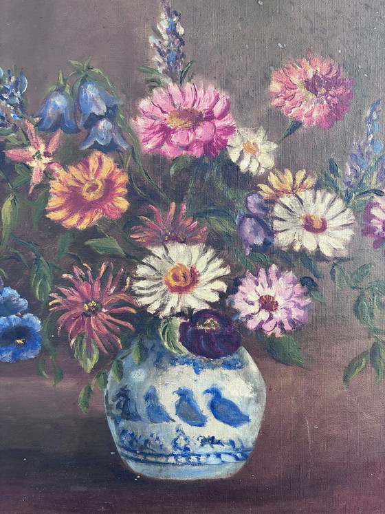 Image 1 of Vintage original floral oil painting with blue and white vase