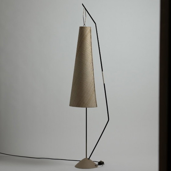 Rare Lampadaire Kaiser Leuchten avec abat-jour en fibre tressée, Allemagne, années 1950 – Wicker, Brass (photo 16 of 16)
