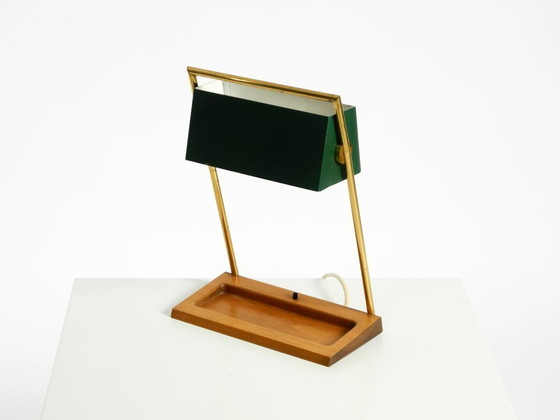 Image 1 of Original large 1960s Temde table lamp with a brass frame, teak base, and green lampshade