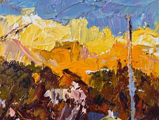 Image 1 of Pintura al óleo original Paisaje otoñal de pueblo Sombras del atardecer